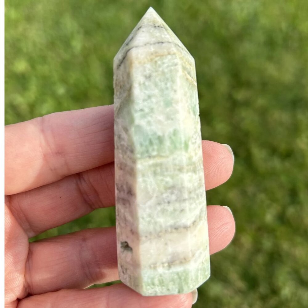 Banded Calcite Crystal Point Tower #3 - Carved Stone Wand Chakra Obelisk 3"